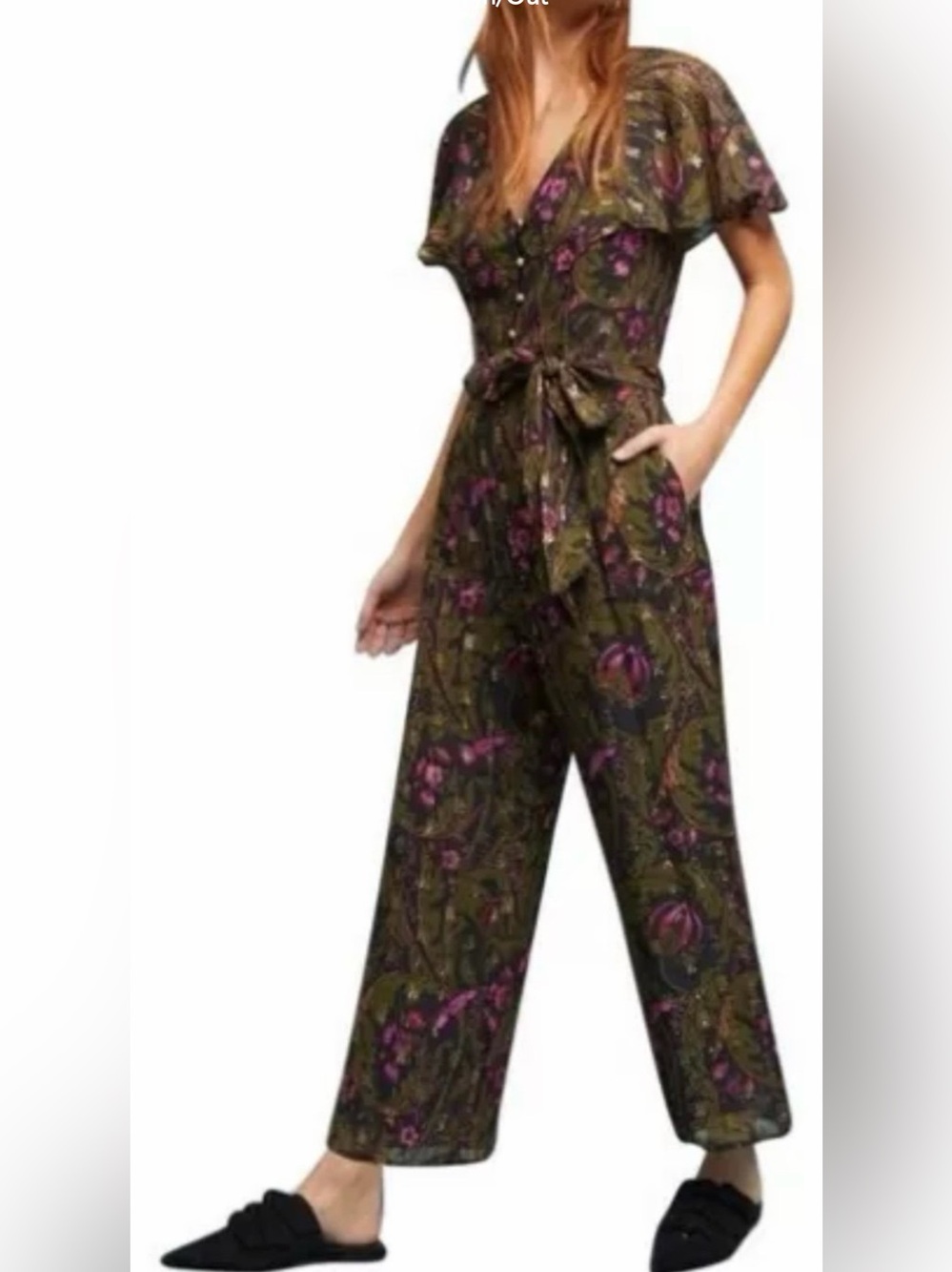 Ett Twa Anthropologie Brenda Jumpsuit Size 10  Green Gold Floral Flutter Sleeve
